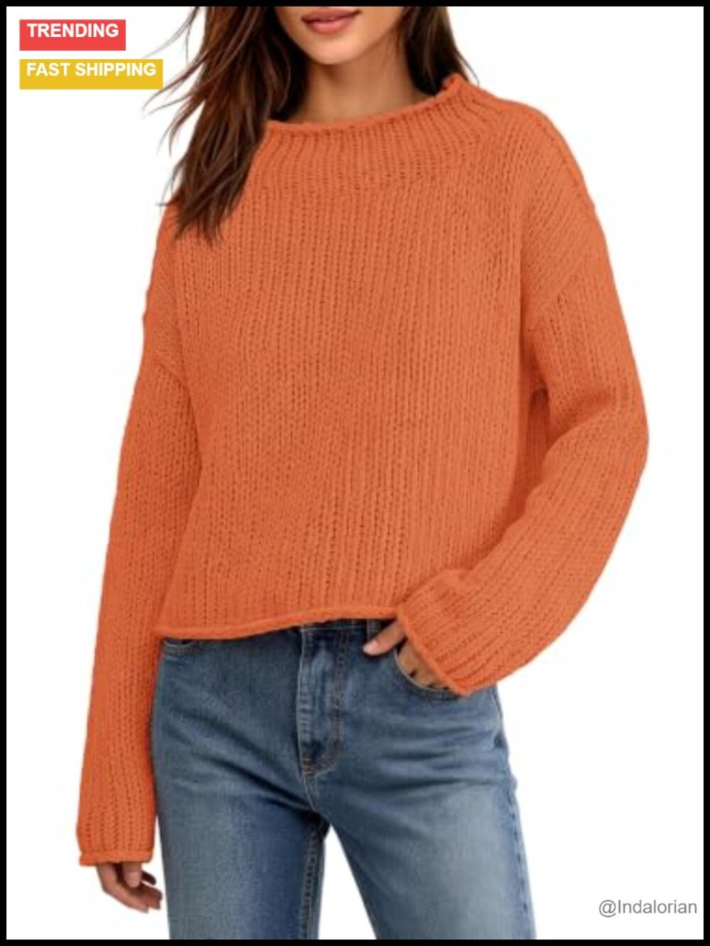 Chunky Knit Mock Neck Cropped Pullover Sweater